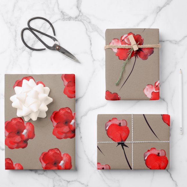 Papier Rustique Kraft Bureaux Et Fleurs Rouges (Recto)