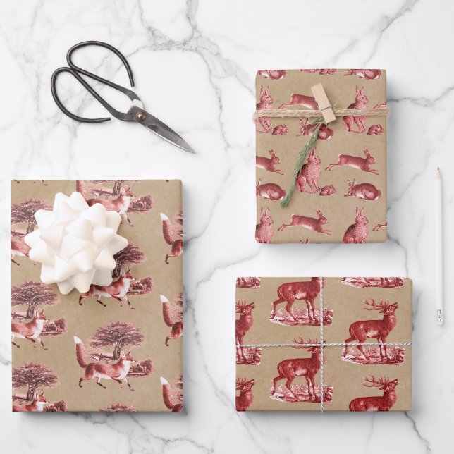 Papier Rustique Kraft Red Toile Deer Fox Hare Rabb (Recto)
