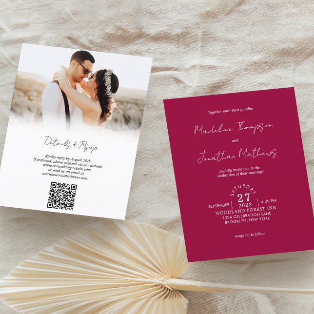 Papier Rustique Magenta Rouge Photo Budget Mariage QR Cod (Créateur téléchargé)