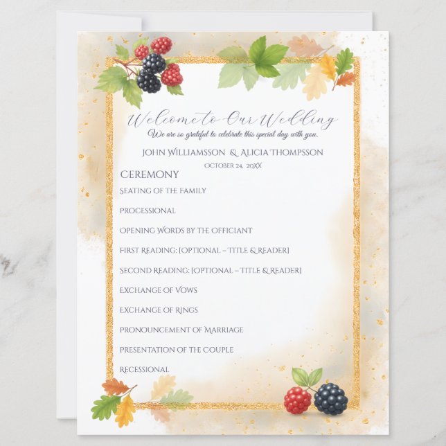 Papier Rustique Romantique Automne Berry Wedding Programm (Devant)