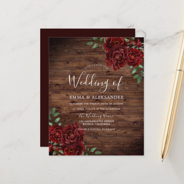 Papier Rustique Romantique Rose Rouge Rustique Invitation (Devant/Arrière en situation)