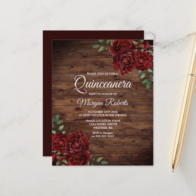 Papier Rustique romantique Rouge Rose Quinceanera Invitat (Devant/Arrière en situation)