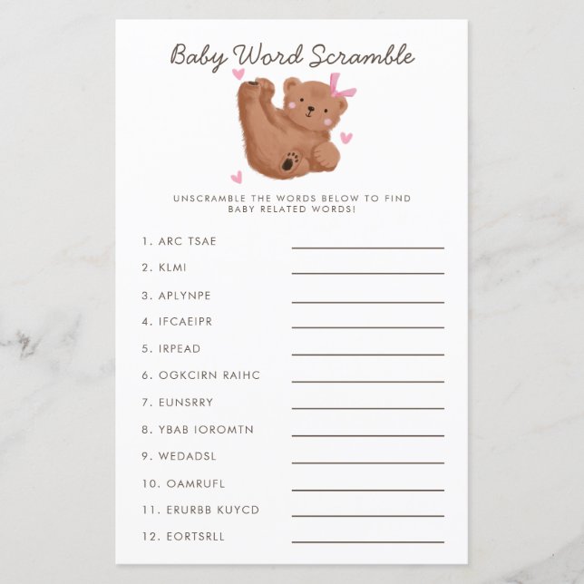 Papier Rustique rose ours Bébé Mot Scramble Jeu (Devant)