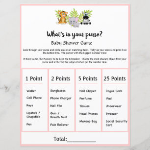 Papier Safari Animal Baby shower Whats In Your Purse Jeu