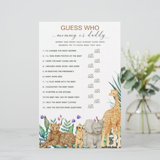 Papier Safari Animal Green Baby shower Guess jeu (Debout devant)