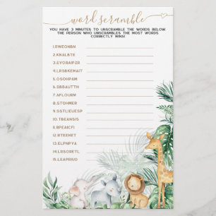 Papier Safari Animal Greenery Baby Word Scrambule jeu