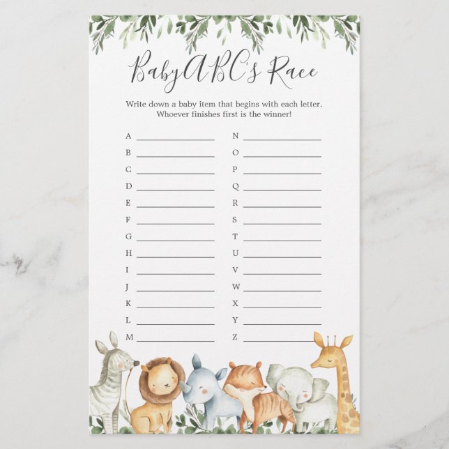 Papier Safari Animaux Baby shower ABC's Race Game (Devant)