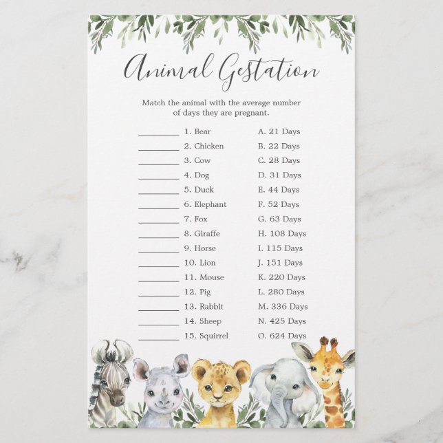 Papier Safari Animaux Baby shower Animal Gestation Jeu (Devant)
