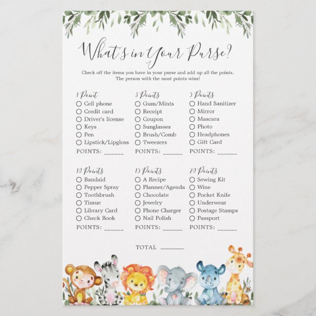 Papier Safari Animaux Baby shower Ce qui est dans votre s (Devant)