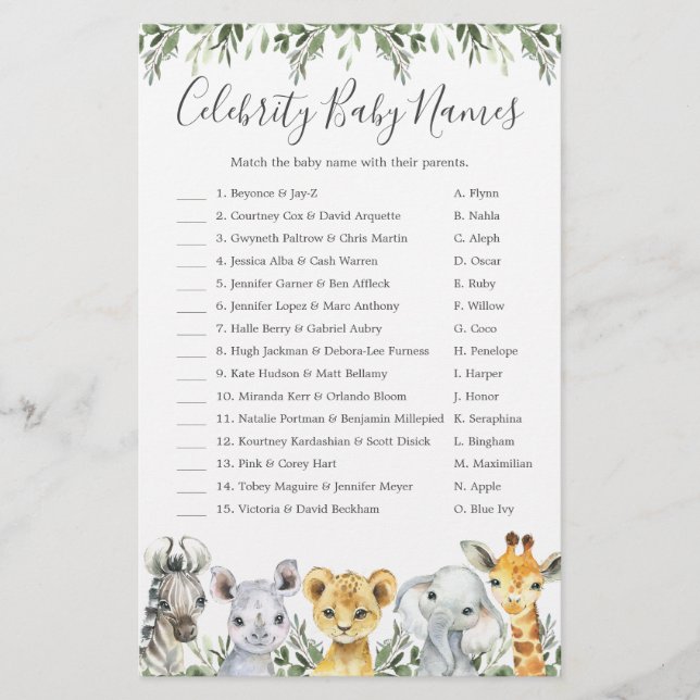 Papier Safari Animaux Baby shower célébrité Noms de bébé (Devant)