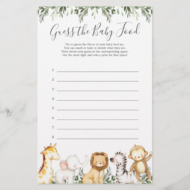 Papier Safari Animaux Baby shower Devinez La Nourriture P (Devant)