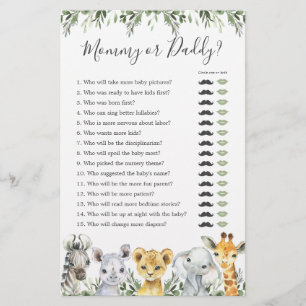 Papier Safari Animaux Baby shower maman ou papa jeu