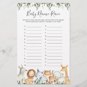 Papier Safari Animaux Baby shower Nom de course Jeu