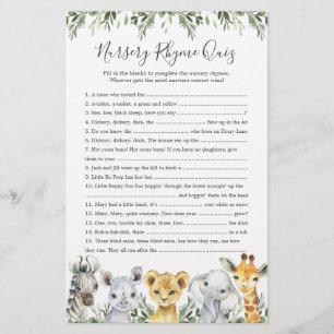 Papier Safari Animaux Baby shower Nursery Rhyme Jeu