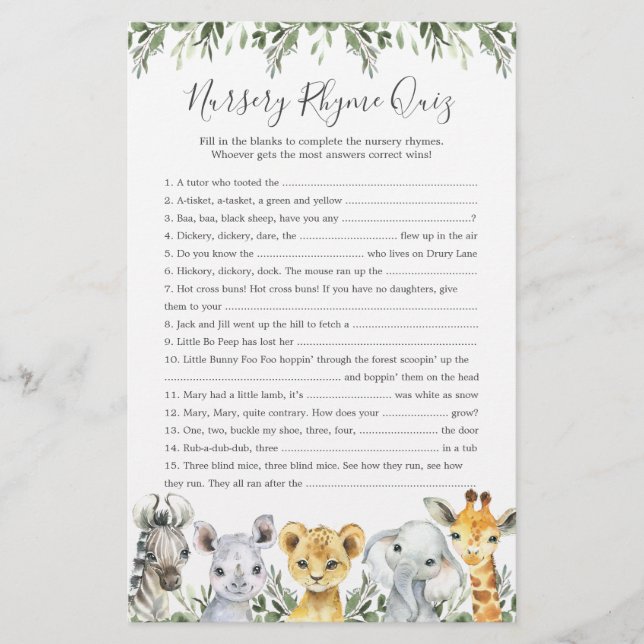 Papier Safari Animaux Baby shower Nursery Rhyme Jeu (Devant)