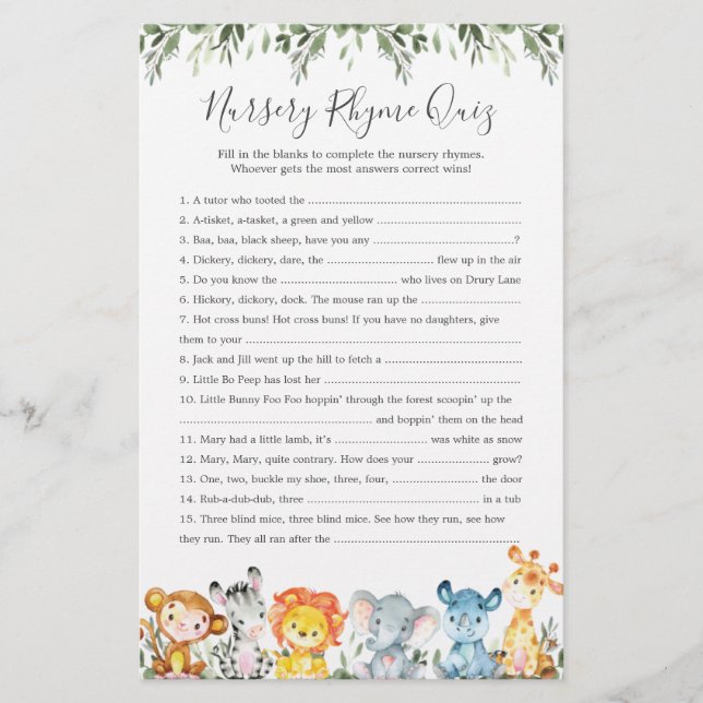 Papier Safari Animaux Baby shower Nursery Rhyme Jeu (Devant)