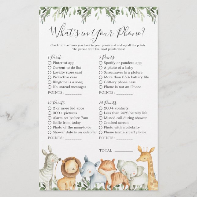 Papier Safari Animaux Baby shower Qu'est-ce que votre tél (Devant)