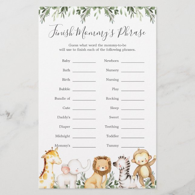 Papier Safari Animaux Baby shower Terminer la phrase de m (Devant)
