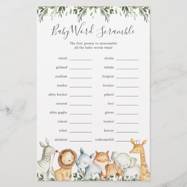 Papier Safari Animaux Baby shower Word Scramble Jeu (Devant)