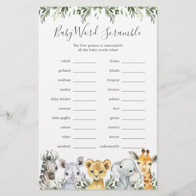 Papier Safari Animaux Baby shower Word Scramble Jeu (Devant)
