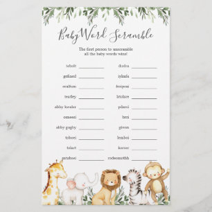 Papier Safari Animaux Baby shower Word Scramble Jeu