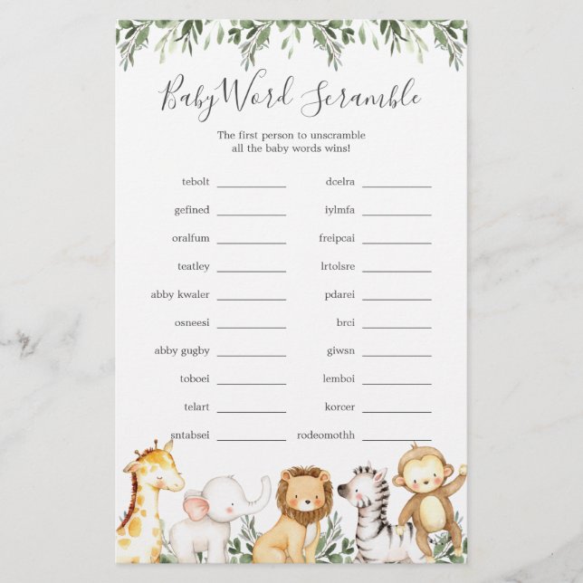 Papier Safari Animaux Baby shower Word Scramble Jeu (Devant)