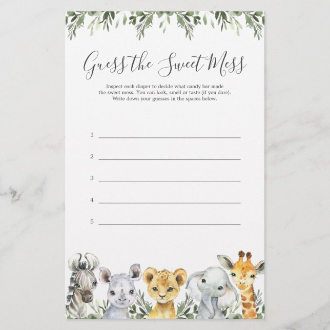 Papier Safari Animaux Baby showers Devinez Le Mess Sweet (Devant)
