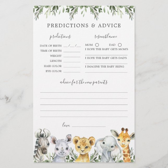 Papier Safari Animaux Baby showers Prédictions et conseil (Devant)