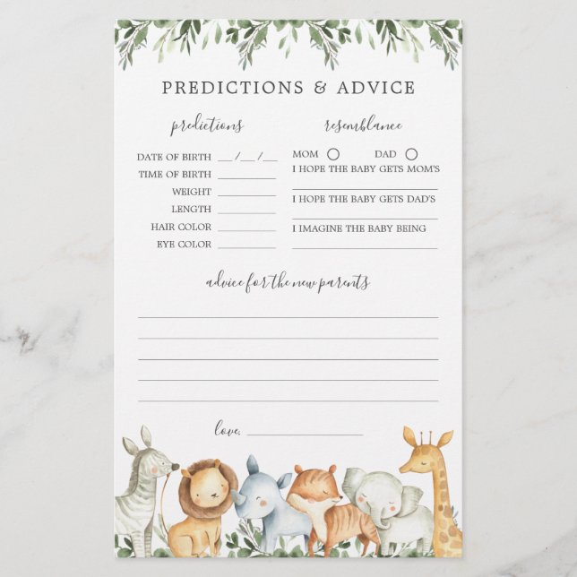 Papier Safari Animaux Baby showers Prédictions et conseil (Devant)