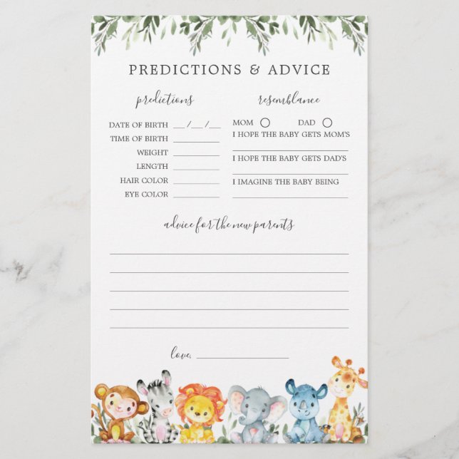Papier Safari Animaux Baby showers Prédictions et conseil (Devant)