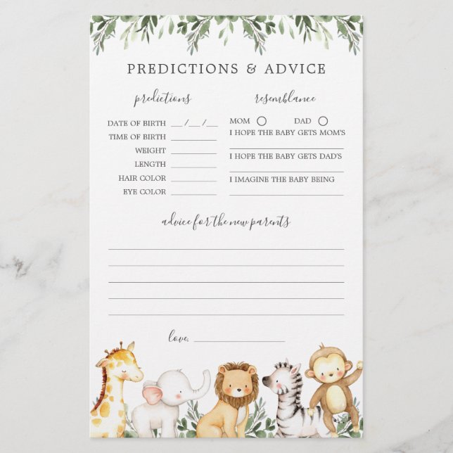 Papier Safari Animaux Baby showers Prédictions et conseil (Devant)
