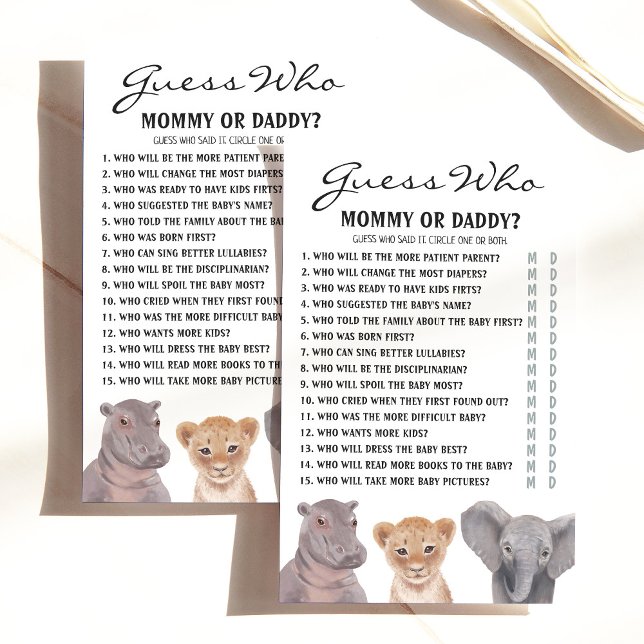 Papier Safari Animaux "Devine Qui..." Jeu baby shower (Créateur téléchargé)