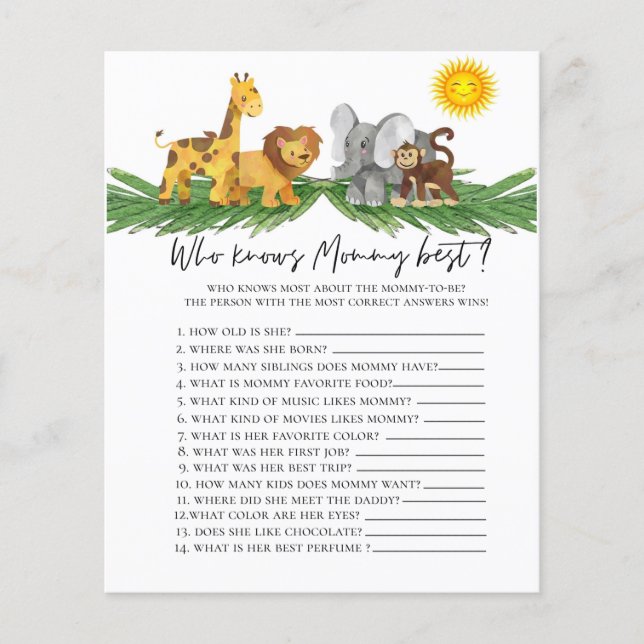 Papier Safari Animaux Qui connaît maman Baby shower Jeu (Devant)