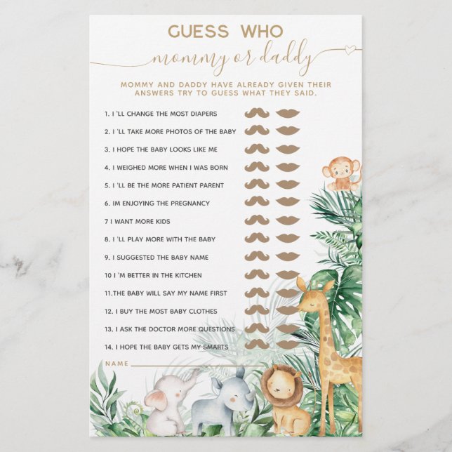 Papier Safari Baby Animal Green Baby shower Guess jeu (Devant)