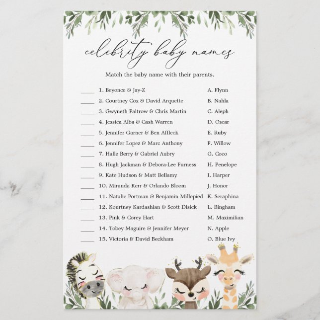 Papier Safari Baby shower Celebrity Baby Names Jeu (Devant)