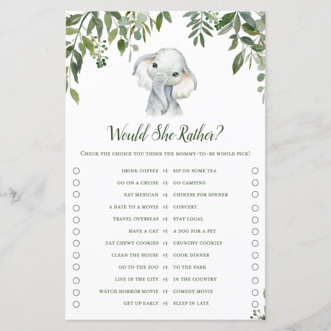 Papier Safari Jungle Elephant Baby shower Jeu IMPRIMÉ (Devant)