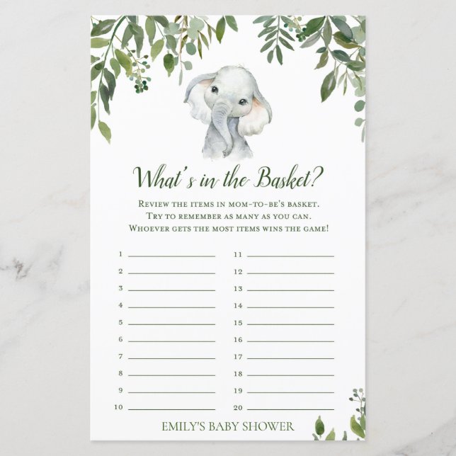 Papier Safari Jungle Elephant Baby shower Jeu IMPRIMÉ (Devant)