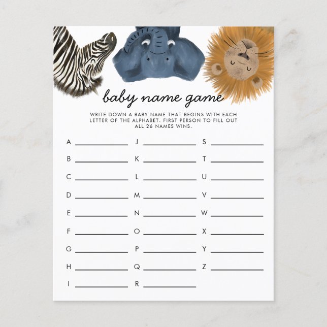 Papier Safari Thème Baby Name Douche Jeu (Devant)