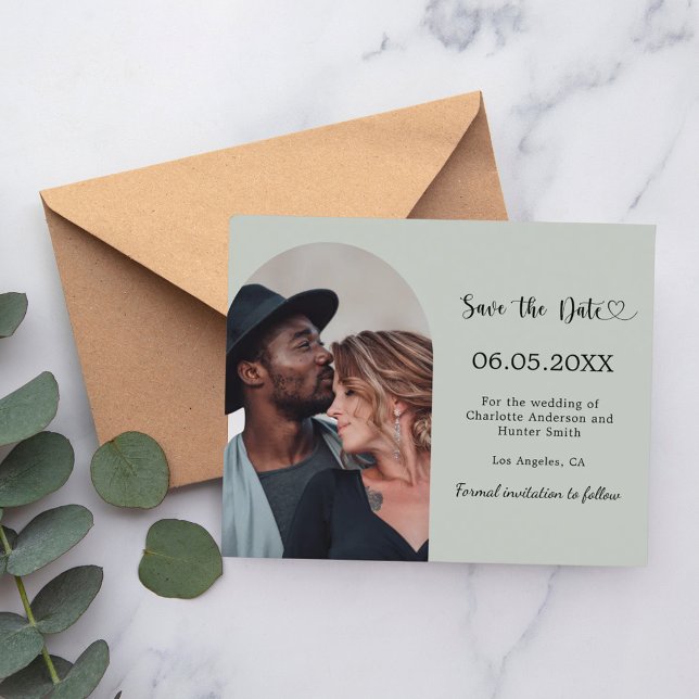 Papier Sage green arch photo wedding Save the Date card (Créateur téléchargé)