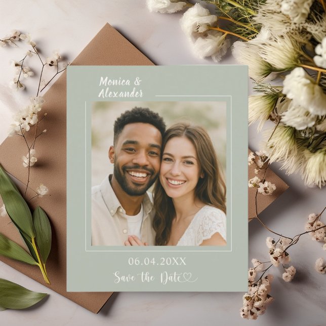 Papier Sage green ivory photo wedding Save the Date card (Créateur téléchargé)
