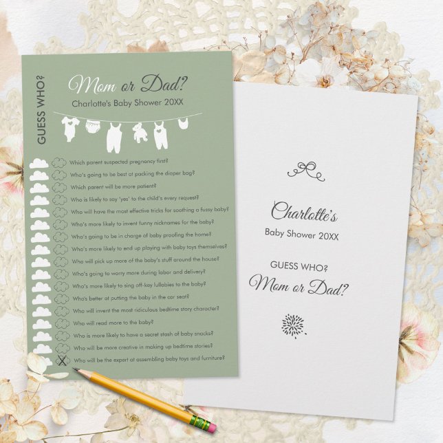 Papier Sage Green Minimalist Baby shower Devinez Qui Joue (Sage Green Minimalist Baby Shower Guess Who Game ©Susanne Sachers - Sunny Mind 🌞)