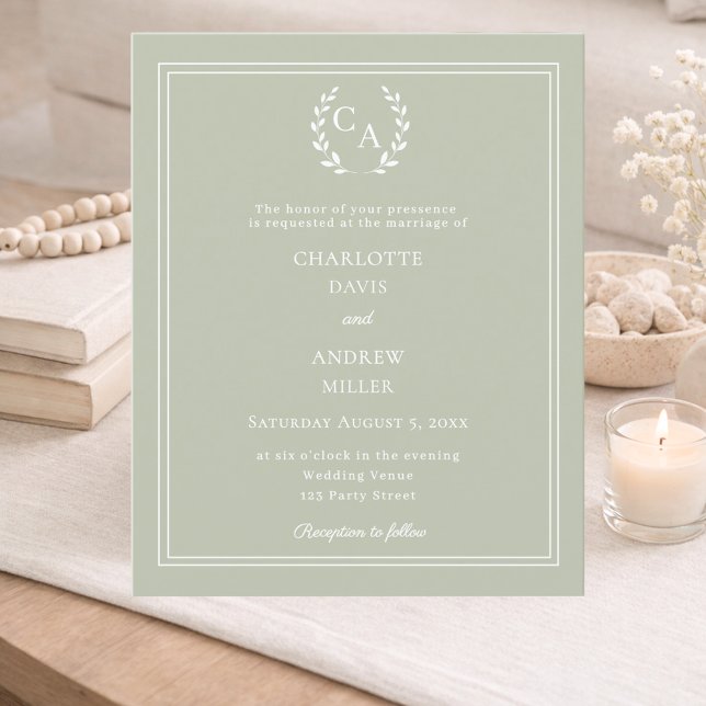 Papier Sage green monogram wreath wedding invitation (Créateur téléchargé)