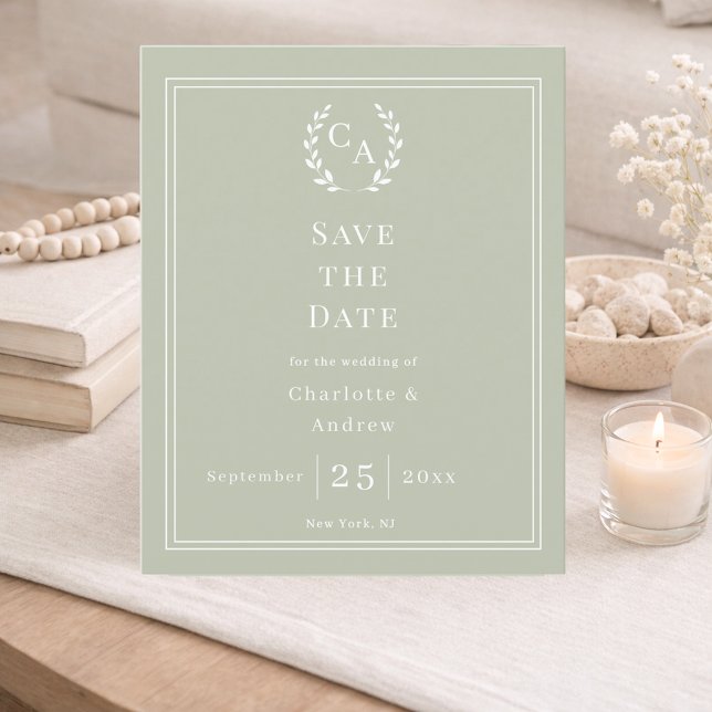 Papier Sage green monogram wreath wedding Save the Date  (Créateur téléchargé)