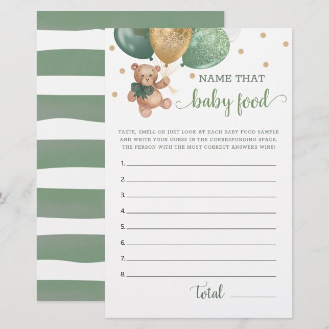 Papier Sage Green Nom Que Bébé Nourriture Jeu Teddy Ours (Devant / Derrière)