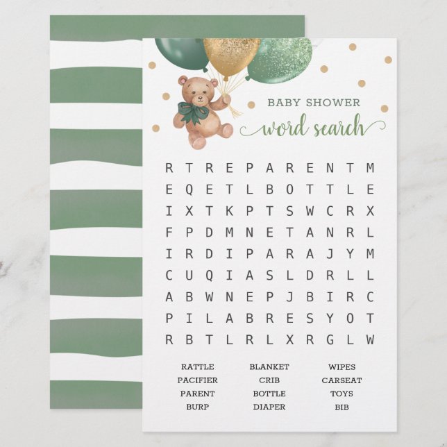 Papier Sage Green Word Recherche Scramble Jeu Teddy Bear (Devant / Derrière)