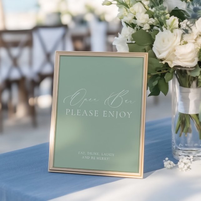 Papier Sage moderne Vert & Blanc Open Bar Mariage Sign (Modern Sage Green & White Open Bar Wedding Sign)