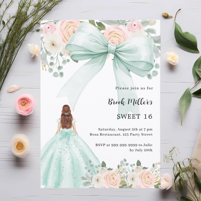 Papier Sage robe verte arc rose Sweet 16 invitation (Créateur téléchargé)