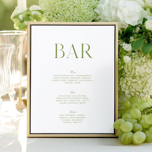 Papier Sage vert et blanc élégant Panneau de la barre Mar (Elegant Sage Green & White 8.5x11 Wedding Bar Sign)