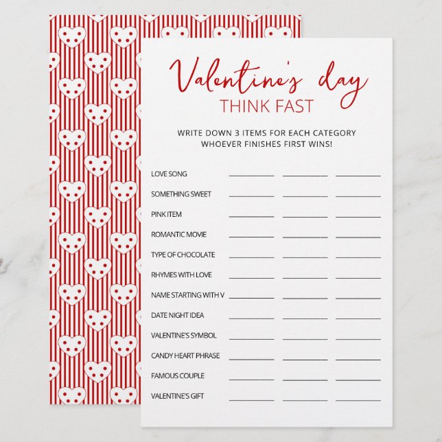 Papier Saint Valentin Pensez vite, pensez rapide jeu de f (Devant / Derrière)