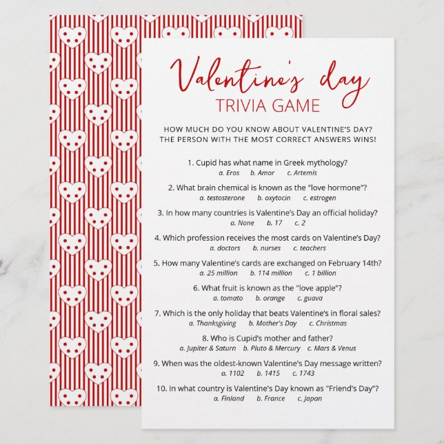 Papier Saint Valentin Trivia Jeu avec réponses (Devant / Derrière)